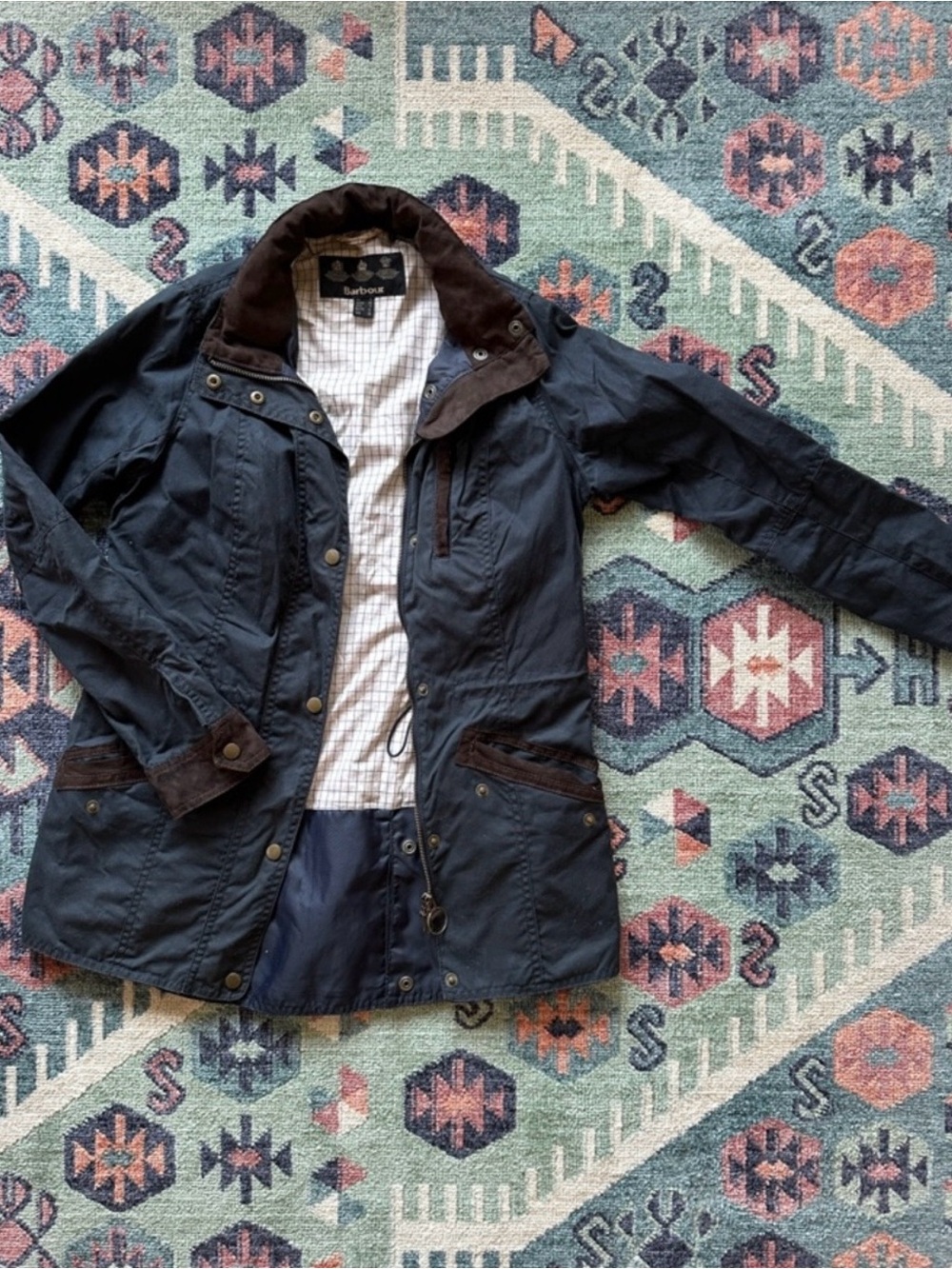 Barbour Women’s size 4 Navy Waxed Cotton Jacket with Brown Trim - Picture 5 of 5